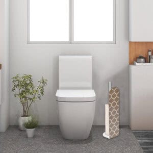 Freestanding geometric-pattern toilet paper holder positioned beside white toilet in minimalist bathroom setting