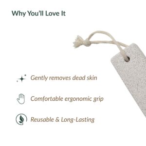 Benefits infographic highlighting dead skin removal, ergonomic grip, and durability