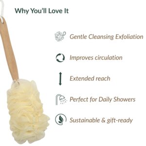 Body brush with benefits listed: gentle exfoliation, improved circulation, extended reach, perfect for daily showers, sustainable and gift-ready