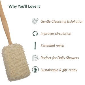 Natural loofah back scrubber with benefits list including gentle exfoliation, improved circulation, extended reach, perfect for daily showers, and sustainable/gift-ready features