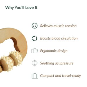 Wooden massage roller with benefits list including relieves muscle tension, boosts blood circulation, ergonomic design, soothing acupressure, and compact/travel-ready features