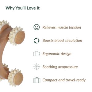 Wooden massage roller with benefits list including relieves muscle tension, boosts blood circulation, ergonomic design, soothing acupressure, and compact/travel-ready features