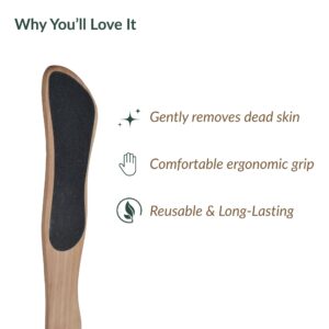 Wooden foot file with benefits list including gently removes dead skin, comfortable ergonomic grip, and reusable/long-lasting features