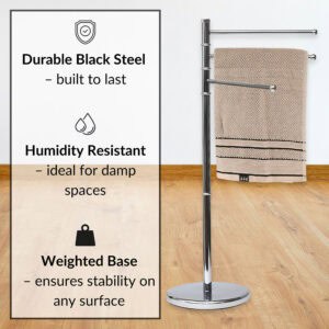 "Chrome freestanding towel rack feature callouts: durable steel, humidity resistant, weighted base"