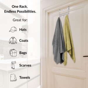 "Chrome over-the-door hook rack holding gray and yellow towels with uses listed: hats, coats, bags, scarves, towels"