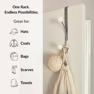 "Over-the-door chrome hook holding bag on white door, listed uses: hats, coats, bags, scarves, towels"