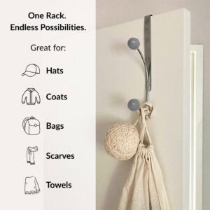 "Chrome over-the-door hook with gray ball ends holding bag on white door, listed uses: hats, coats, bags, scarves, towels"