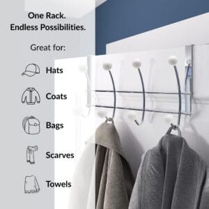 "Chrome over-the-door hook rack holding towels and coat on white door, listed uses: hats, coats, bags, scarves, towels"
