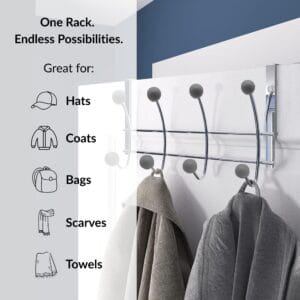"Chrome over-the-door hook rack with gray balls holding towels and coat on white door, listed uses: hats, coats, bags, scarves, towels"