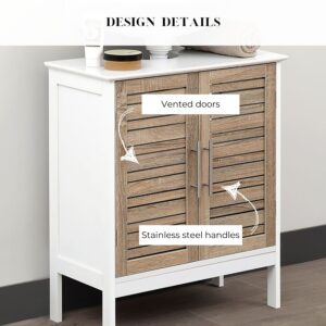 Close-up view of vented doors and handles: Detailed view highlighting the vented wooden doors and sleek stainless steel handles of the cabinet.