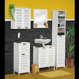 "Full white louvered bathroom furniture set with wall cabinet, floor cabinet, under-sink unit, mirror, and tall shelving against yellow and black brick wall"