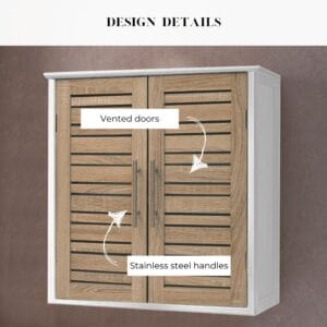 "Design details callout showing vented louvered doors and stainless steel bar handles on oak and white wall cabinet"