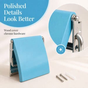 Aqua Blue cover toilet paper holder studio view with a close-up of the chrome hinge hardware and included screws and anchors. "Polished Details Look Better" / "Wood cover chrome hardware".