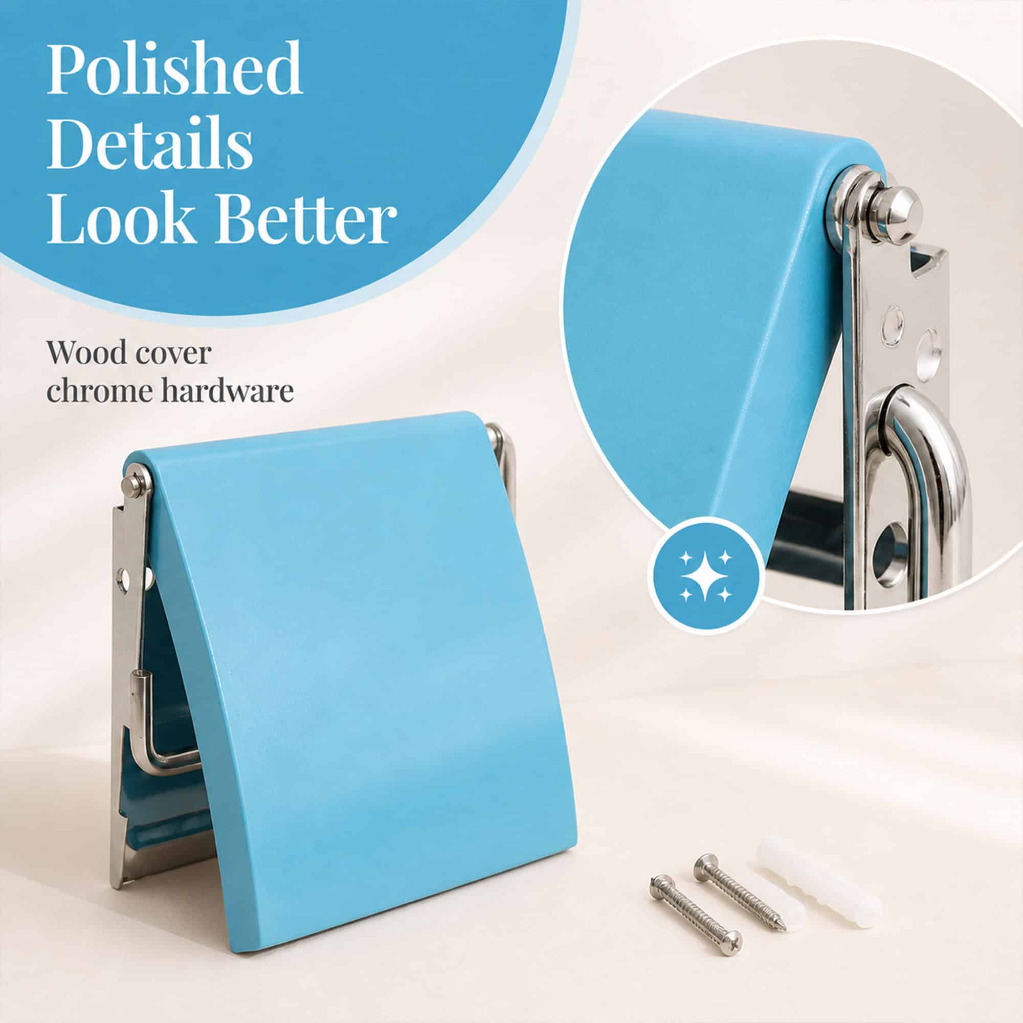 Aqua Blue cover toilet paper holder studio view with a close-up of the chrome hinge hardware and included screws and anchors. "Polished Details Look Better" / "Wood cover chrome hardware".