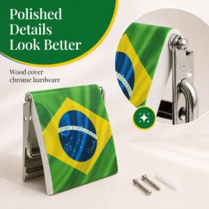 Brazil flag print toilet paper holder studio view with a close-up of the chrome hinge hardware and included screws and anchors. "Polished Details Look Better" / "Wood cover chrome hardware".