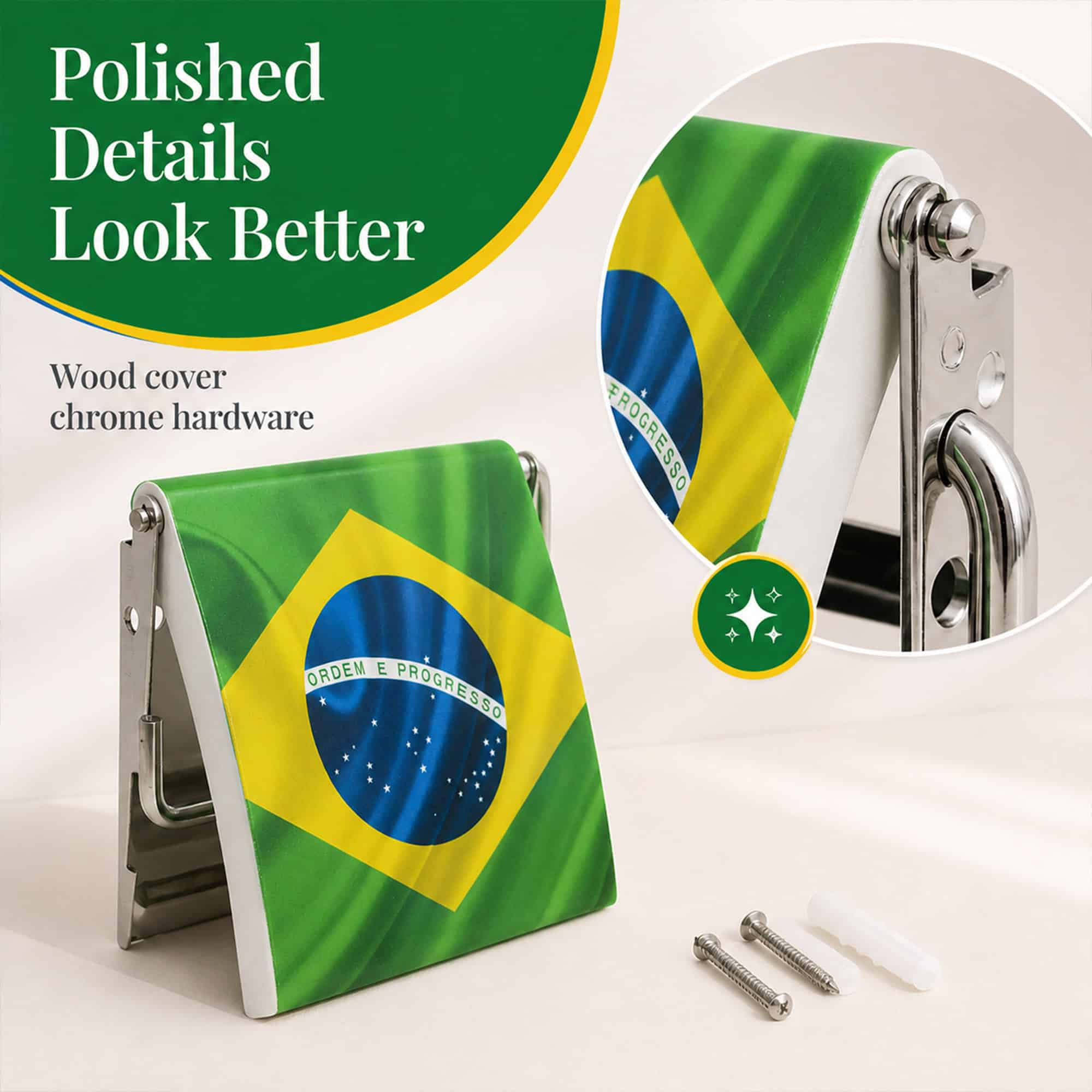 Brazil flag print toilet paper holder studio view with a close-up of the chrome hinge hardware and included screws and anchors. "Polished Details Look Better" / "Wood cover chrome hardware".