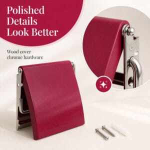Fuchsia cover toilet paper holder studio view with a close-up of the chrome hinge hardware and included screws and anchors. "Polished Details Look Better" / "Wood cover chrome hardware".