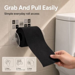 Hand pulling a sheet from a black roll on the Loft Bath clear acrylic toilet paper holder, beside a toilet. "Grab And Pull Easily" / "Simple everyday roll access", with clean, press, and hang steps.