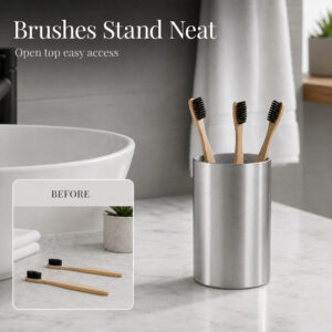 Brushed aluminum bath tumbler cup holder Noumea with open top for easy toothbrush access