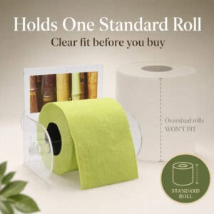 Bamboo clear acrylic toilet paper holder holding a lime-green roll beside an oversized white roll marked "Oversized rolls WON'T FIT". "Holds One Standard Roll" / "Clear fit before you buy", with a standard-roll badge.
