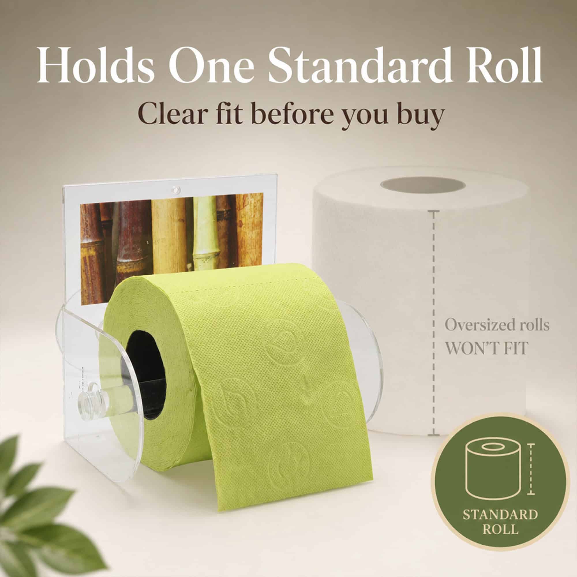 Bamboo clear acrylic toilet paper holder holding a lime-green roll beside an oversized white roll marked "Oversized rolls WON'T FIT". "Holds One Standard Roll" / "Clear fit before you buy", with a standard-roll badge.