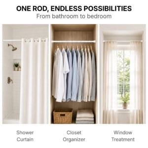 Multi-purpose tension rod for shower curtain, closet organizer, and window treatment, one rod endless possibilities