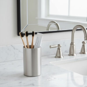 Brushed aluminum bathroom tumbler holding toothbrushes on marble vanity