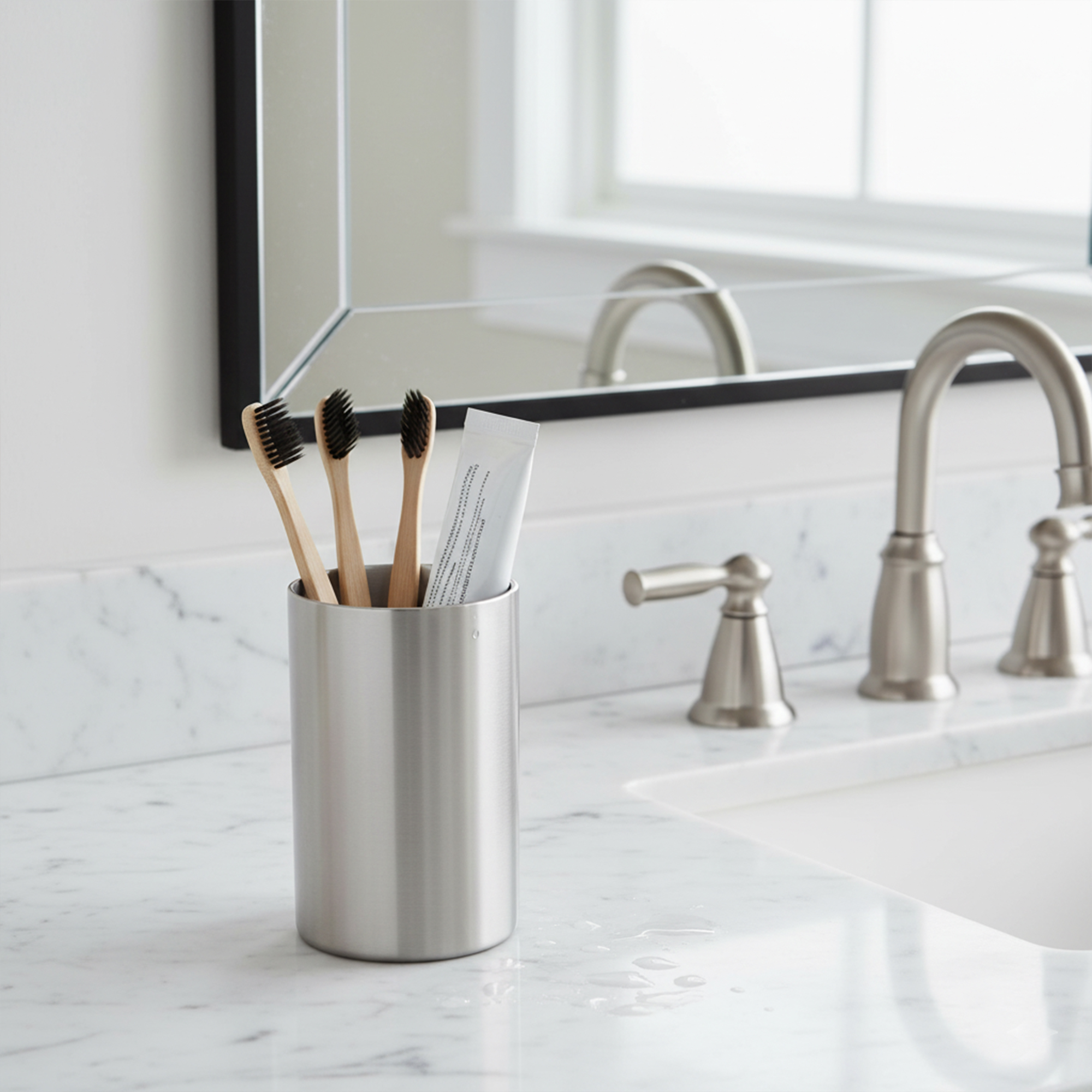 Brushed aluminum bathroom tumbler holding toothbrushes on marble vanity