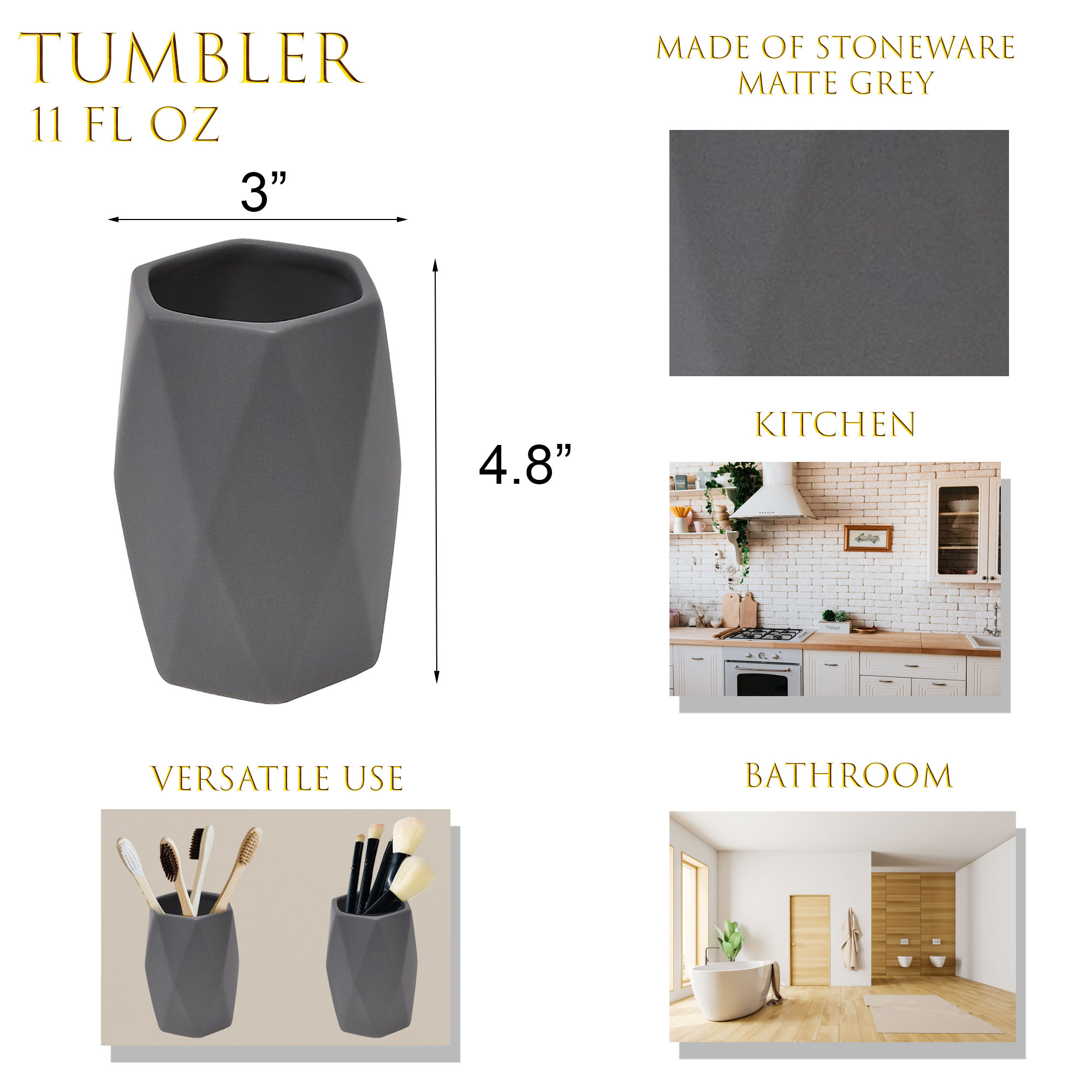 Matte gray stoneware tumbler with dimensions infographic