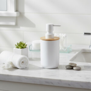 White bamboo soap dispenser styled on bathroom countertop