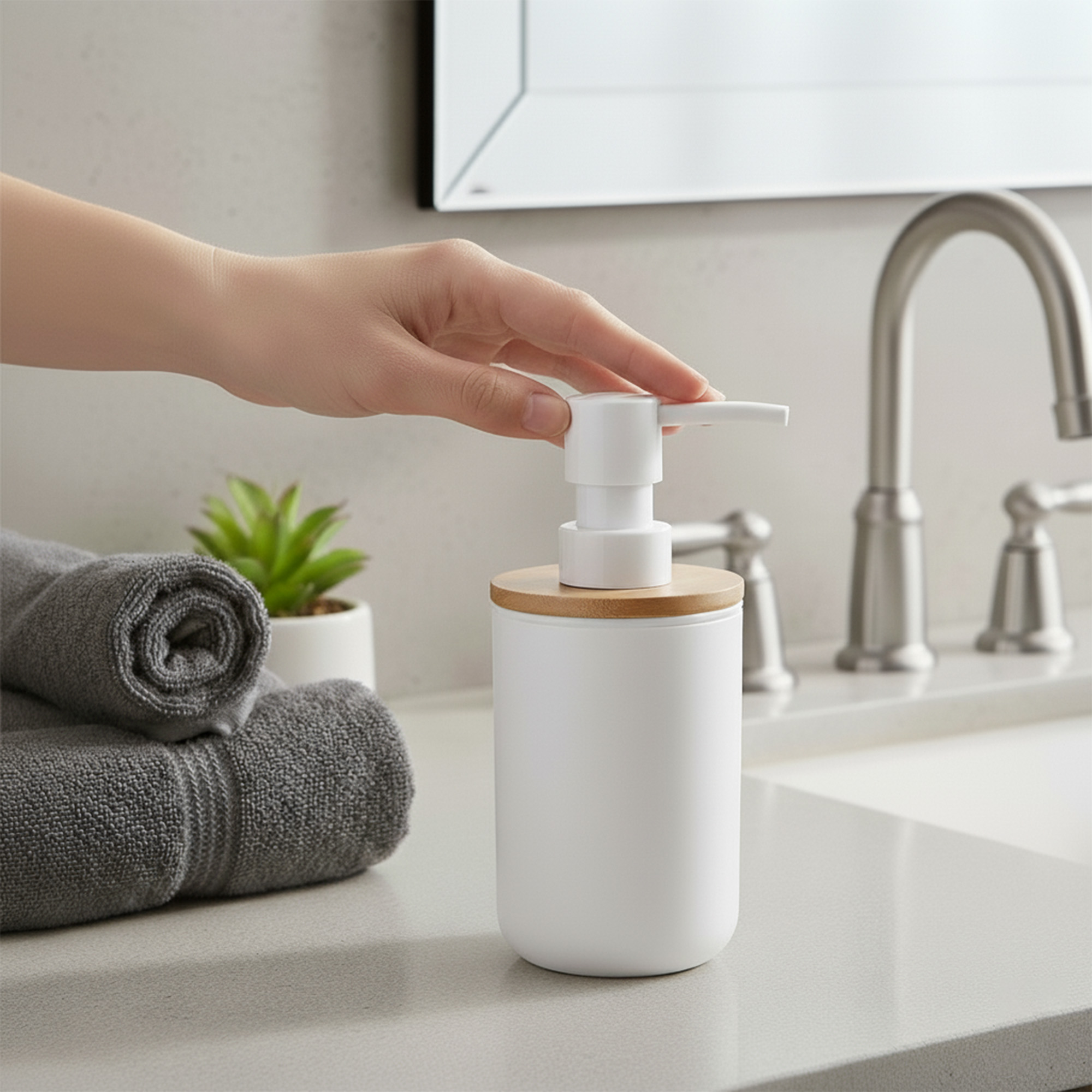 Hand pressing white soap dispenser pump on sink counter