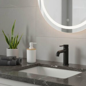 White soap dispenser next to sink with black faucet