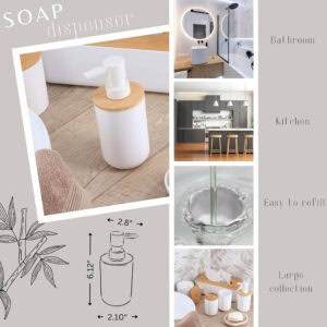 Bathroom soap dispenser infographic with dimensions and uses