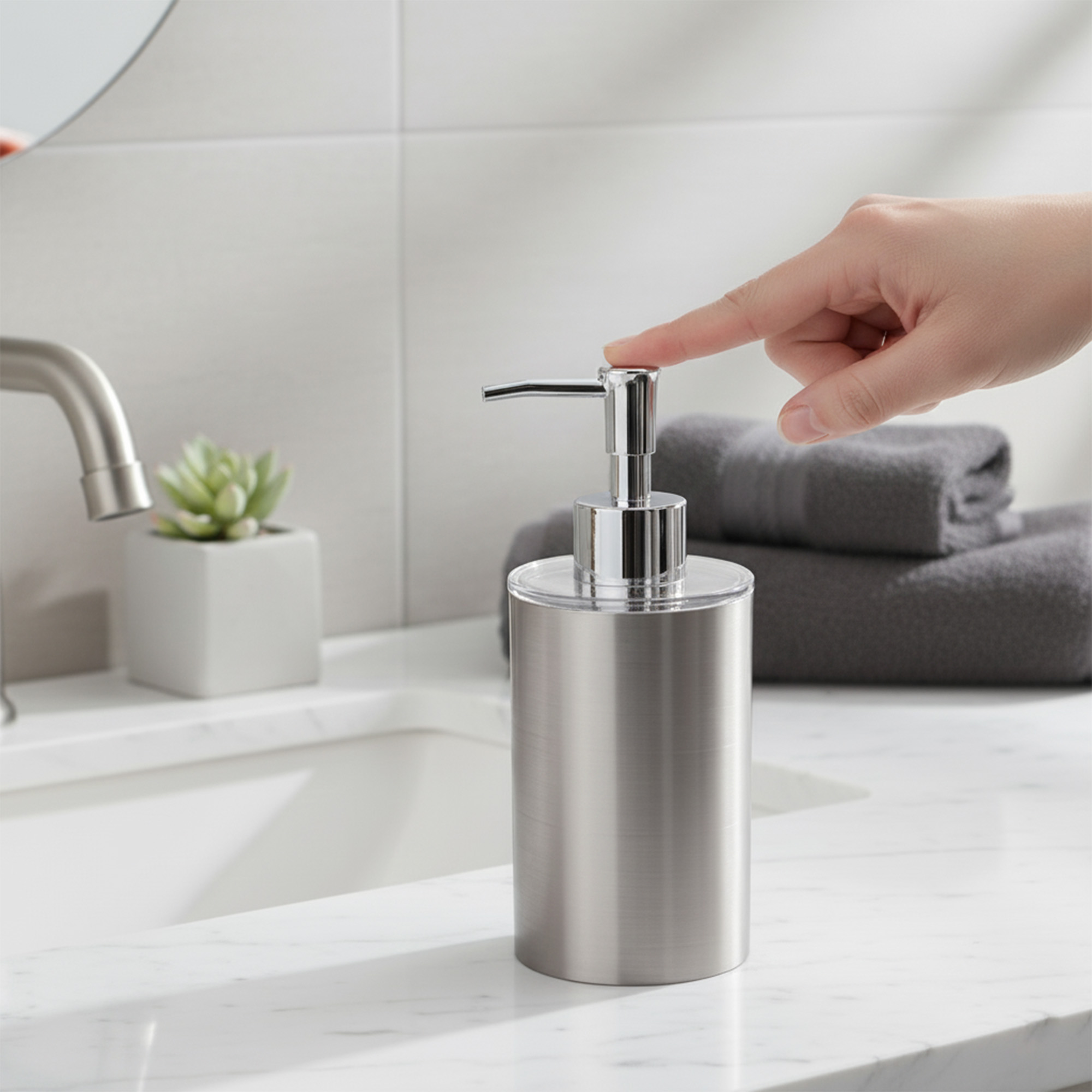 Hand pressing brushed aluminum soap dispenser on bathroom counter