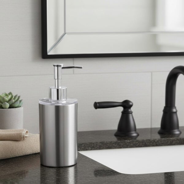 Brushed aluminum soap dispenser styled next to sink faucet