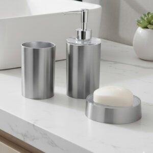 Brushed aluminum soap dispenser with tumbler and soap dish set