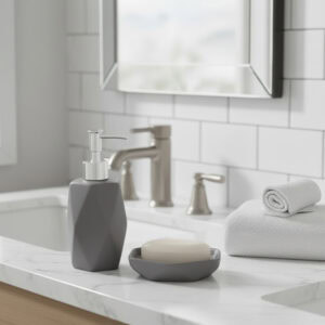Matte gray soap dispenser and soap dish on bathroom vanity