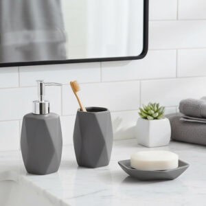 Matte grey stoneware soap dish with soap dispenser and tumbler