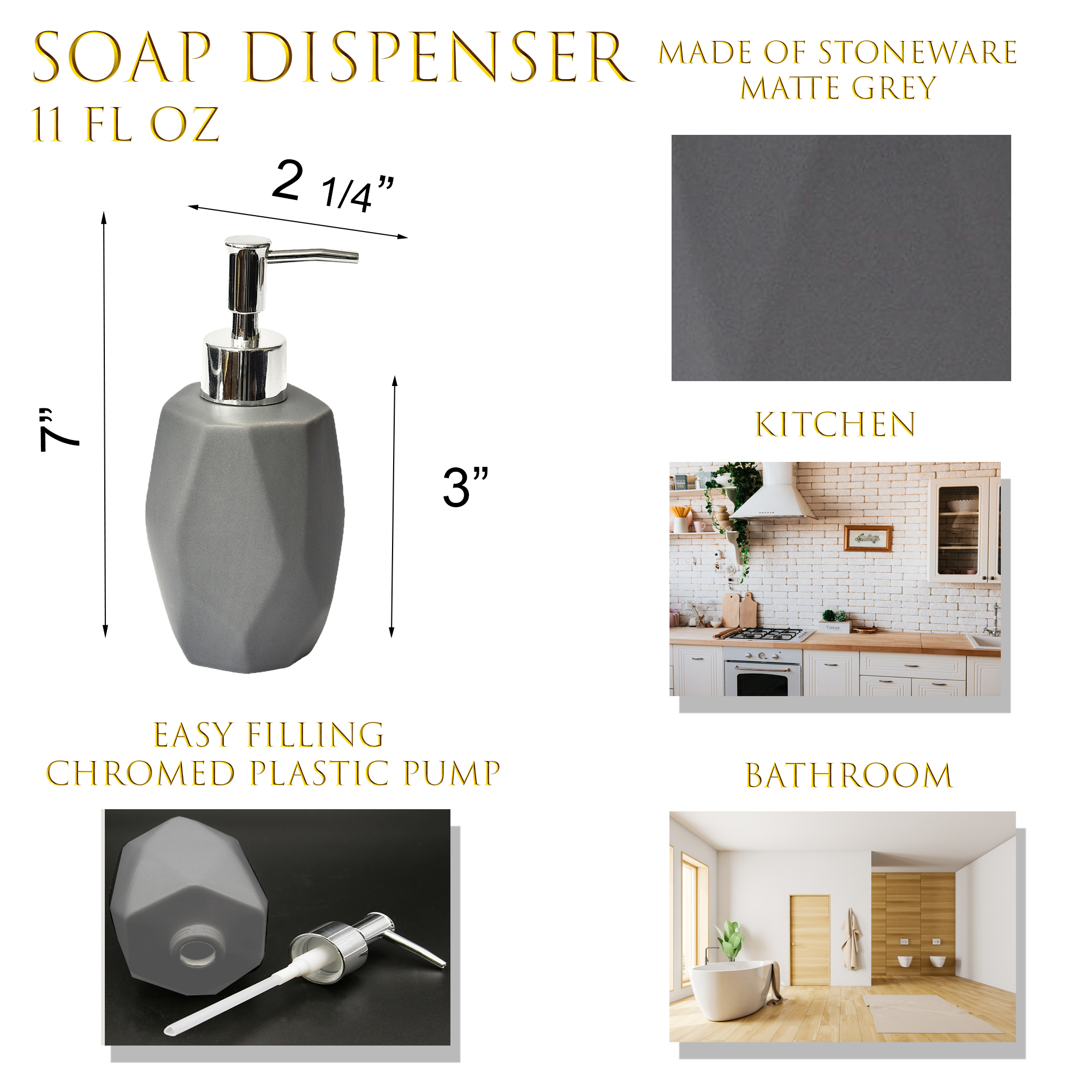 Soap dispenser size and dimension infographic in matte gray