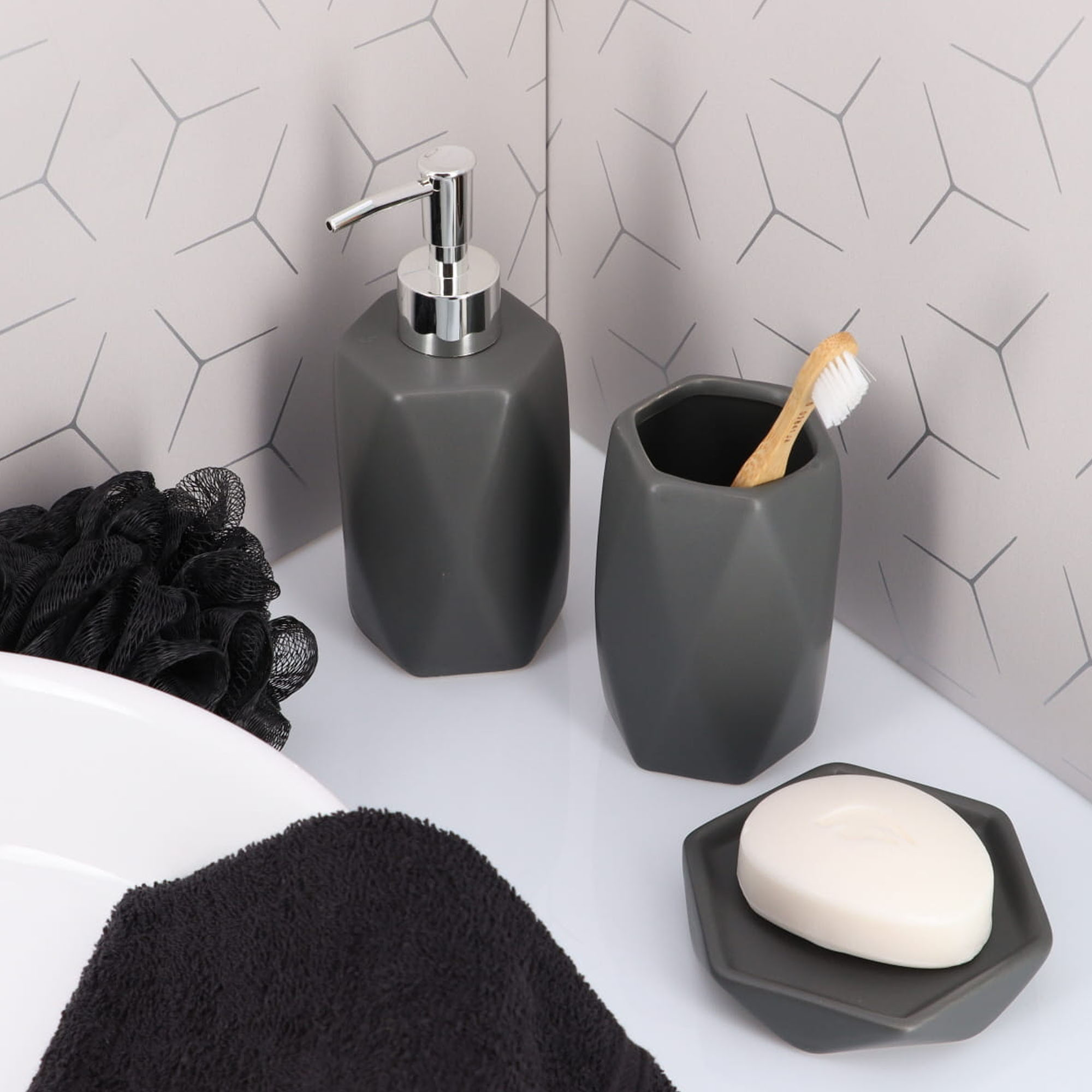 Matte gray bathroom accessories set with soap dispenser tumbler and dish