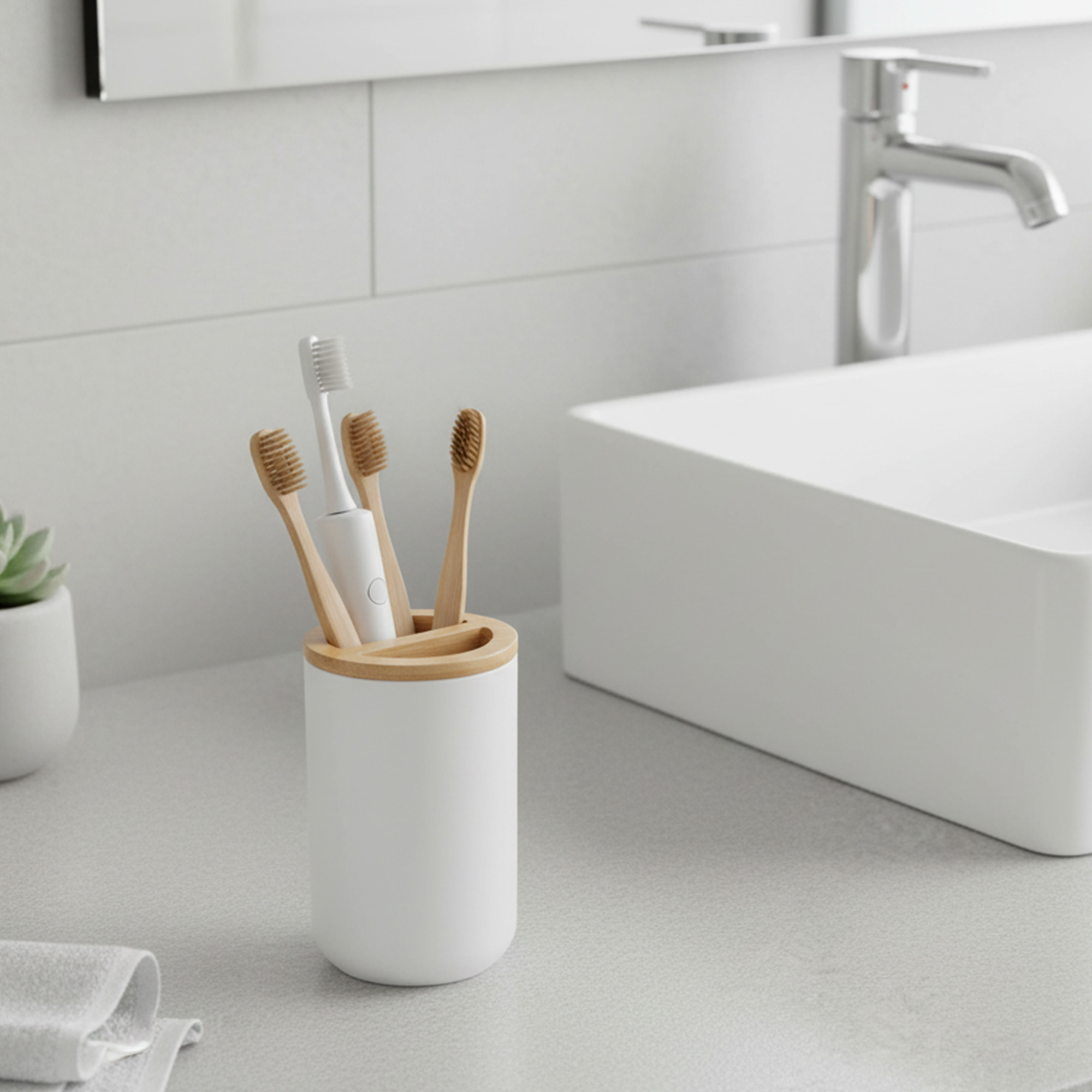 White toothbrush and toothpaste holder with bamboo lid on bathroom counter