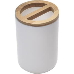 Bamboo top toothbrush holder with divided slots on white background