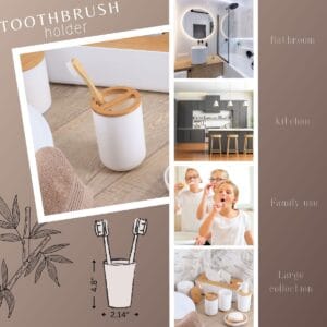 Toothbrush holder infographic showing size dimensions and usage ideas