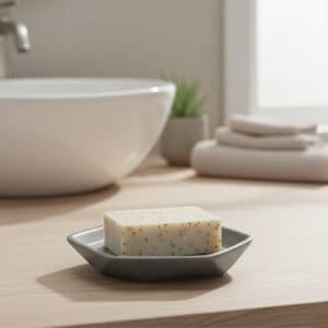 Grey soap dish with bar soap on bathroom counter