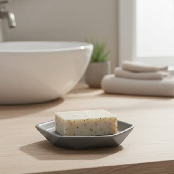 Grey soap dish with bar soap on bathroom counter