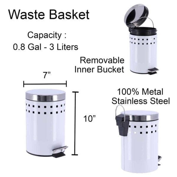 White Round Metal Small Step Trash Can with Lid 3-liters-0.8-gal.