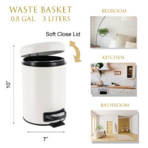 Product diagram showing 3-liter white waste basket dimensions and room usage for bedroom, kitchen, and bathroom