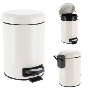 Three views of white round step trash can showing closed, open with liner, and carry handle features