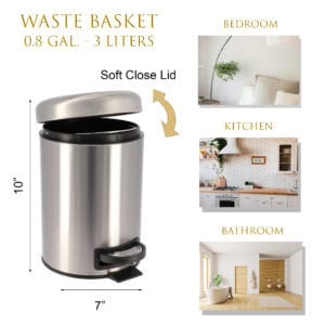 Small metal waste basket with dimensions soft close lid infographic