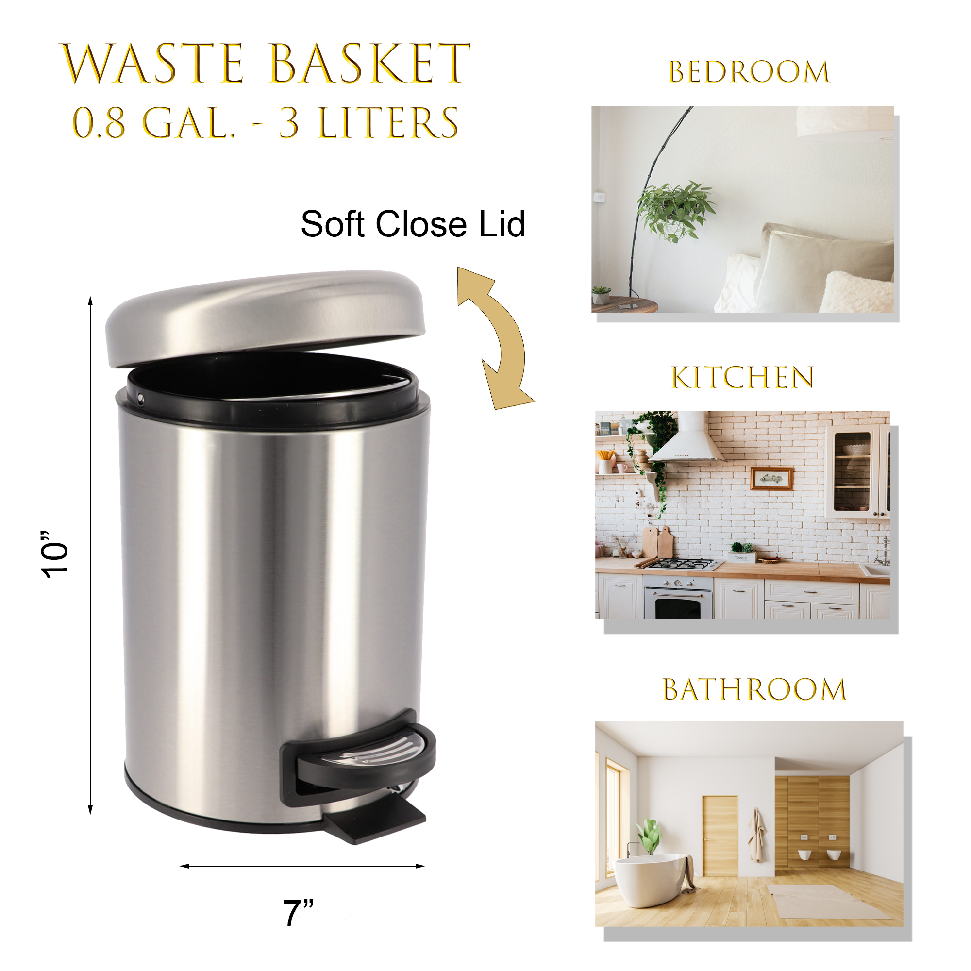 Small metal waste basket with dimensions soft close lid infographic